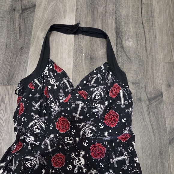 Hell Bunny Vixen Cotton Blend Black Halter Dress with Red Rose & Nautical Print - Picture 3 of 10